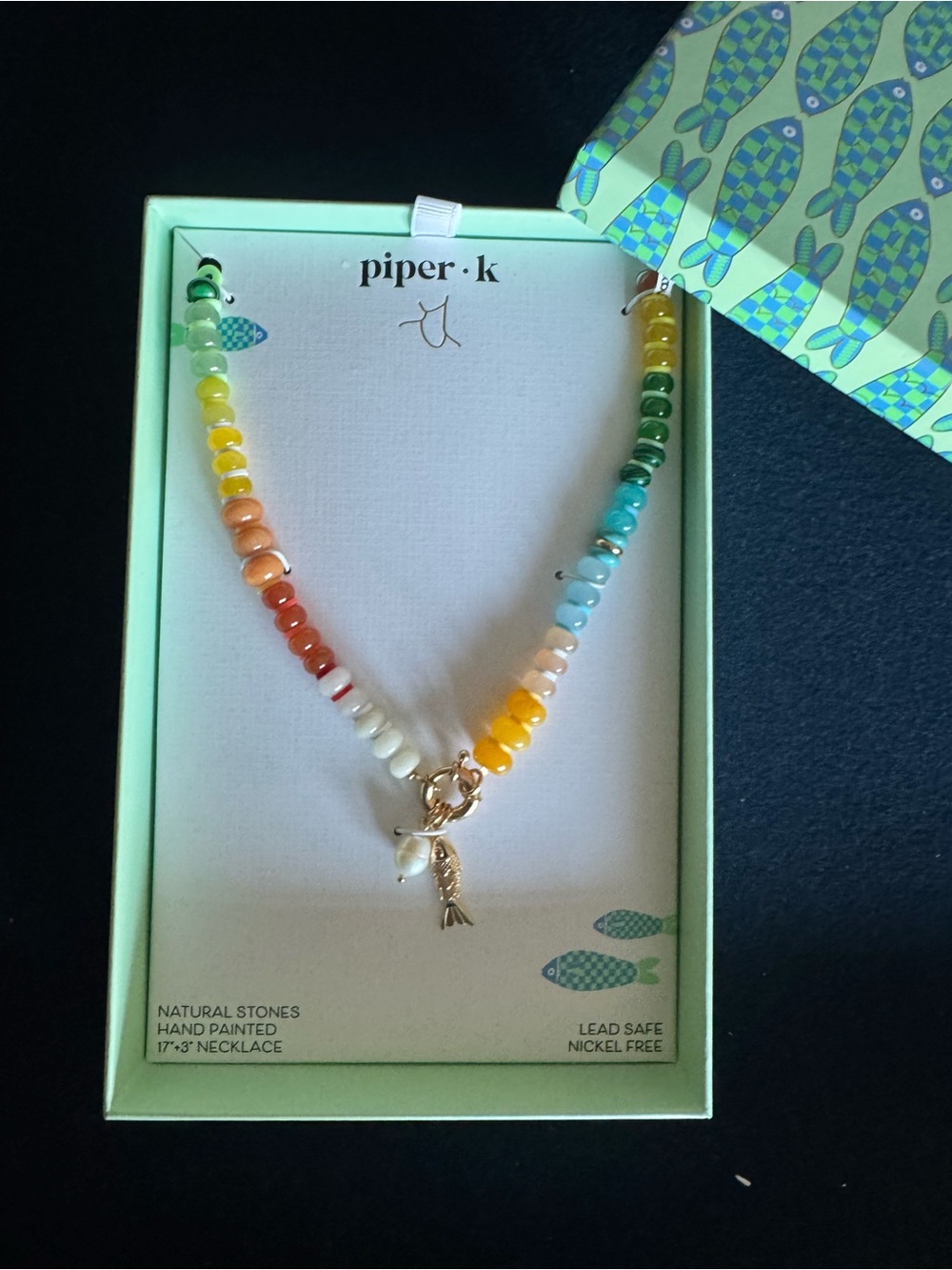 Piper K Colorful hand painted natural stone Beaded Necklace with Gold Fish Charm